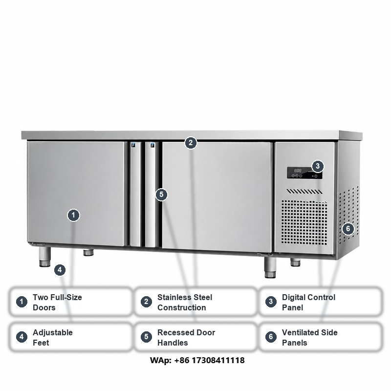 Commercial Kitchen Worktops - Edelstahl-Arbeitsplatte Gekühlter Schrank 2 Türen Unterbau-Gefrierschrank